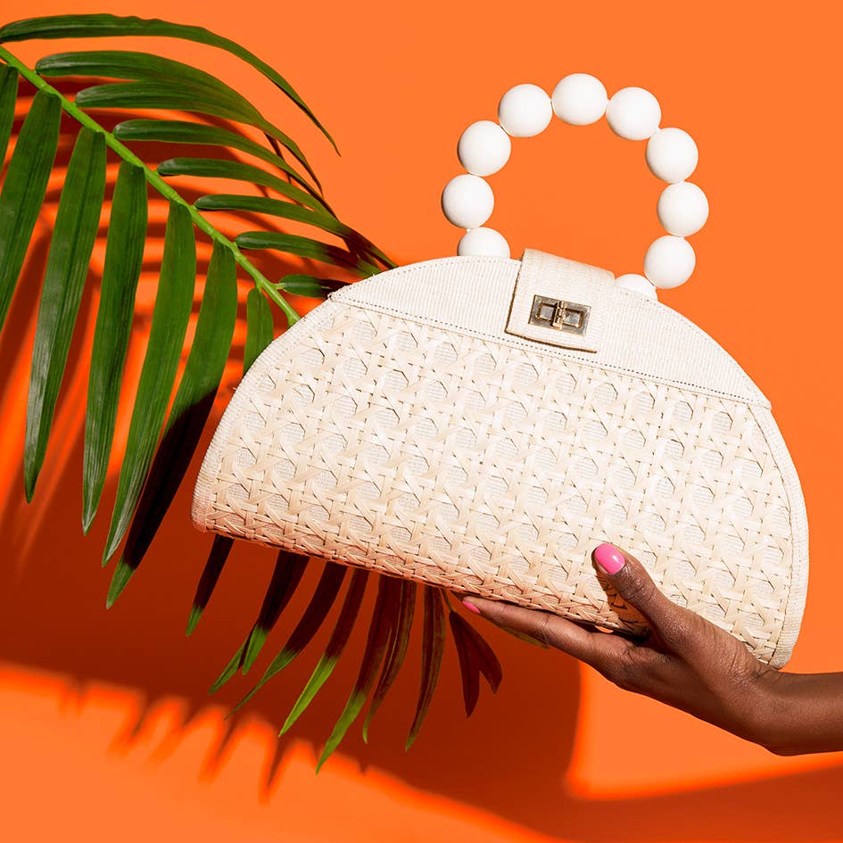 Cream Woven Rattan & Bead Statement Handbag