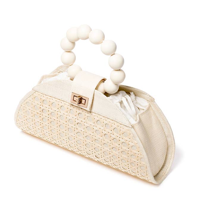Cream Woven Rattan & Bead Statement Handbag
