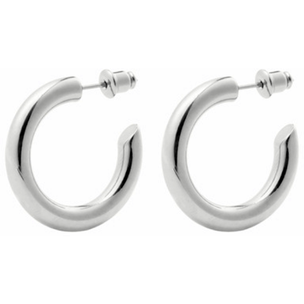 The Anya Hoop features shiny, hypoallergenic silver earrings with a smooth, polished finish and 18K gold plating. Each earring boasts a slightly thick, rounded design and is open at the bottom, secured with a post and butterfly back closure. Positioned side by side against a white background, they offer both style and security.