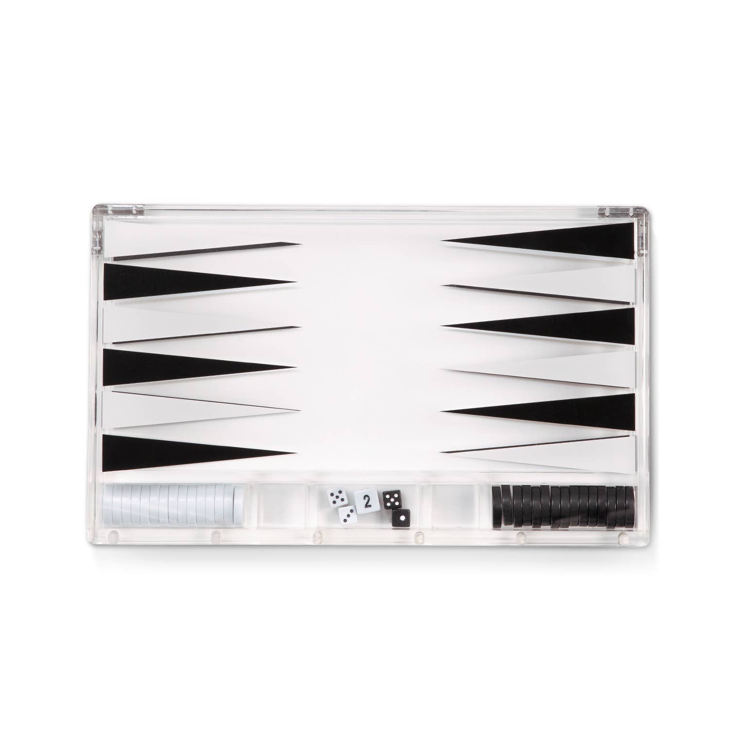 The Lucas Acrylic Backgammon Set is presented open, featuring a stylish lucite design with a white acrylic playing board. It highlights sharp black triangles, black and white round pieces, a pair of white dice, and black doubling dice, all perfectly organized in built-in compartments for a modern aesthetic.
