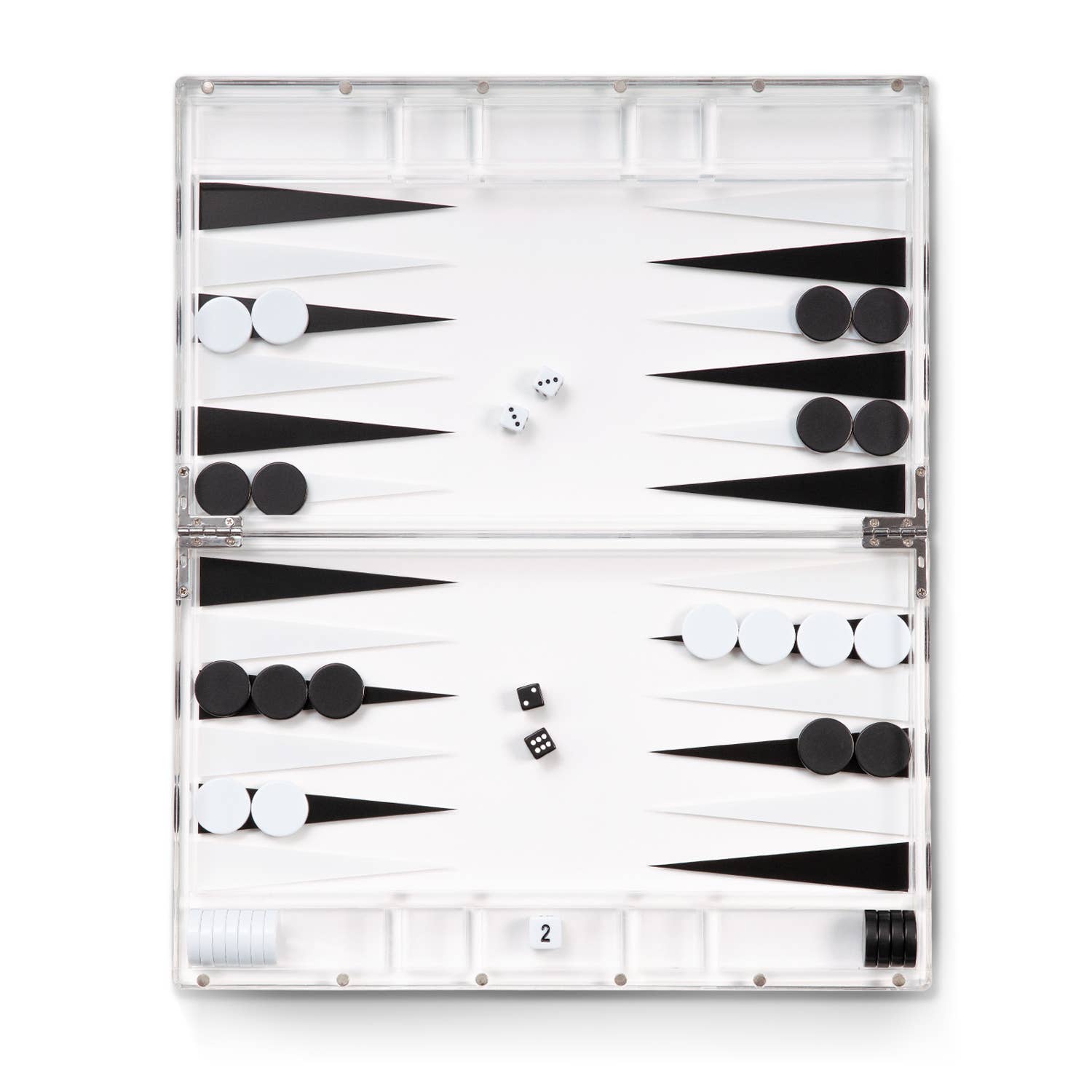 The Lucas Acrylic Backgammon Set is a sleek game featuring a modern design with black and white triangles. The set includes checkers in motion and two six-sided dice displaying four and five. In the midst of play, some pieces are positioned at the start while others make their way toward the home board.