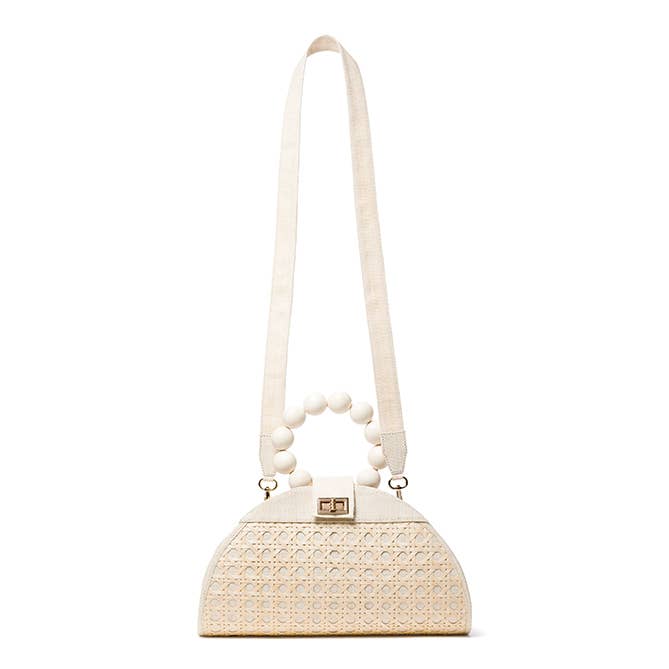 Cream Woven Rattan & Bead Statement Handbag