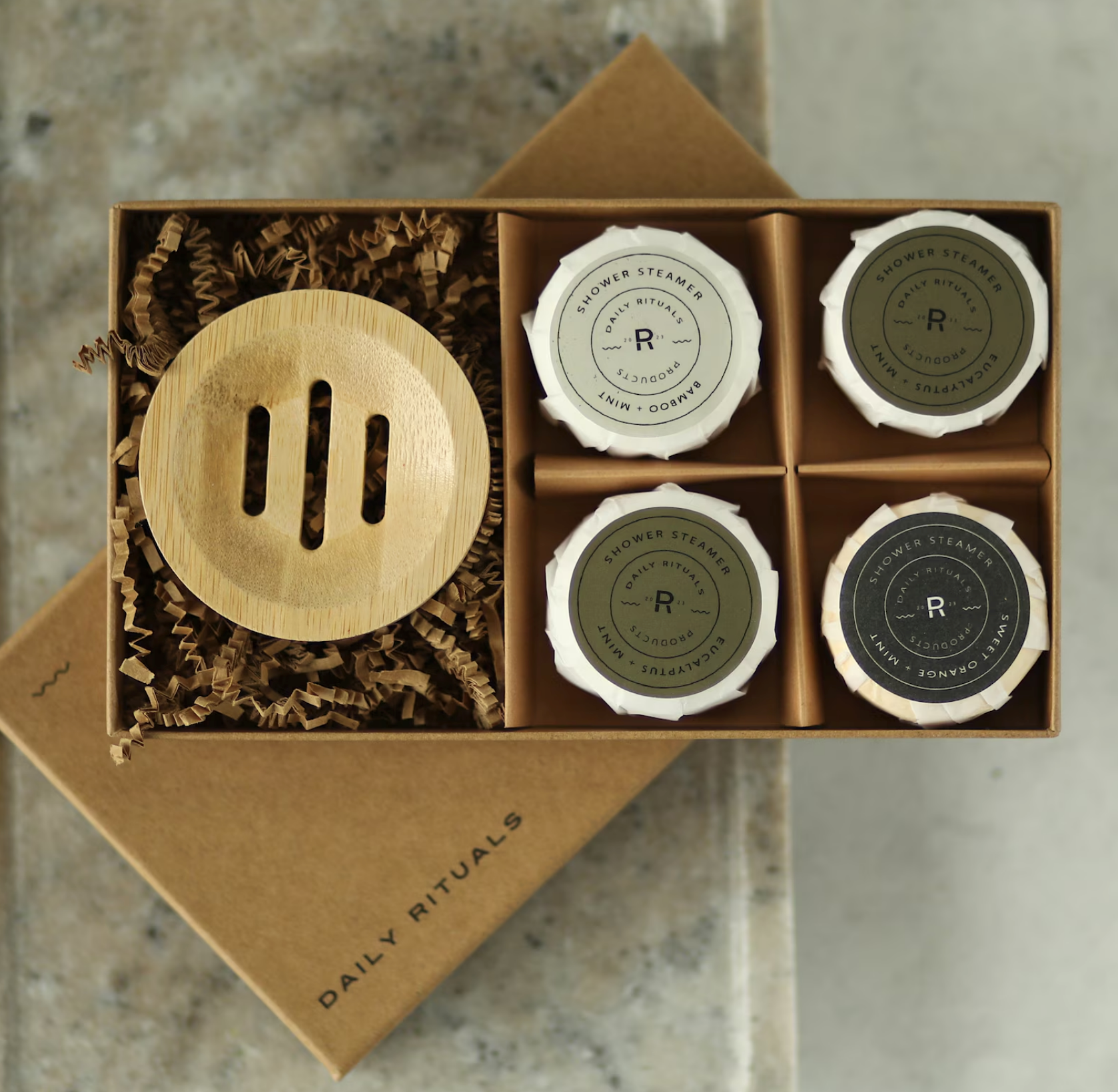 Shower Steamers | Variety Pack | Bamboo Plate | 4 Tablets | Gift Set