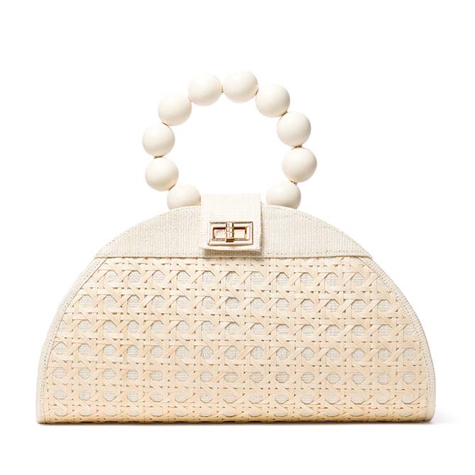 Cream Woven Rattan & Bead Statement Handbag