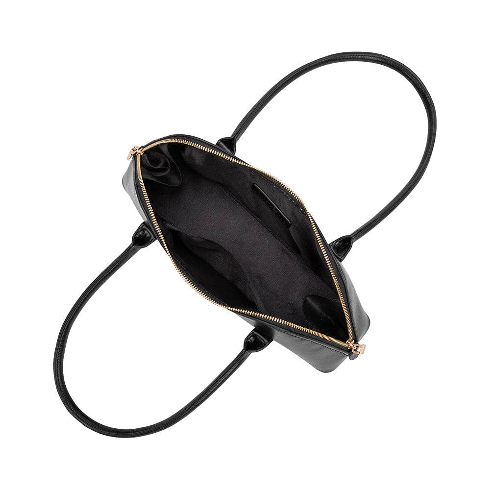 The Dakota Recycled Vegan Shoulder Bag showcases an open overhead view, crafted from recycled vegan leather with a gold zipper. Its black interior has two small pockets and an OEKO-TEX certified lining. Two long handles on each side highlight its elegant functionality for daily use.