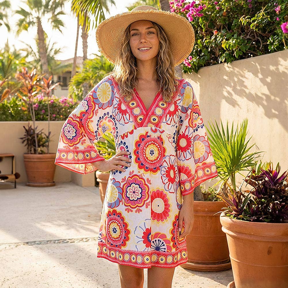boho tunic dress Floral Print V-neck Designed to exude an Chic Beach Club Looks: Size:EU 42 - US 9 / 9.5 BestCocktail