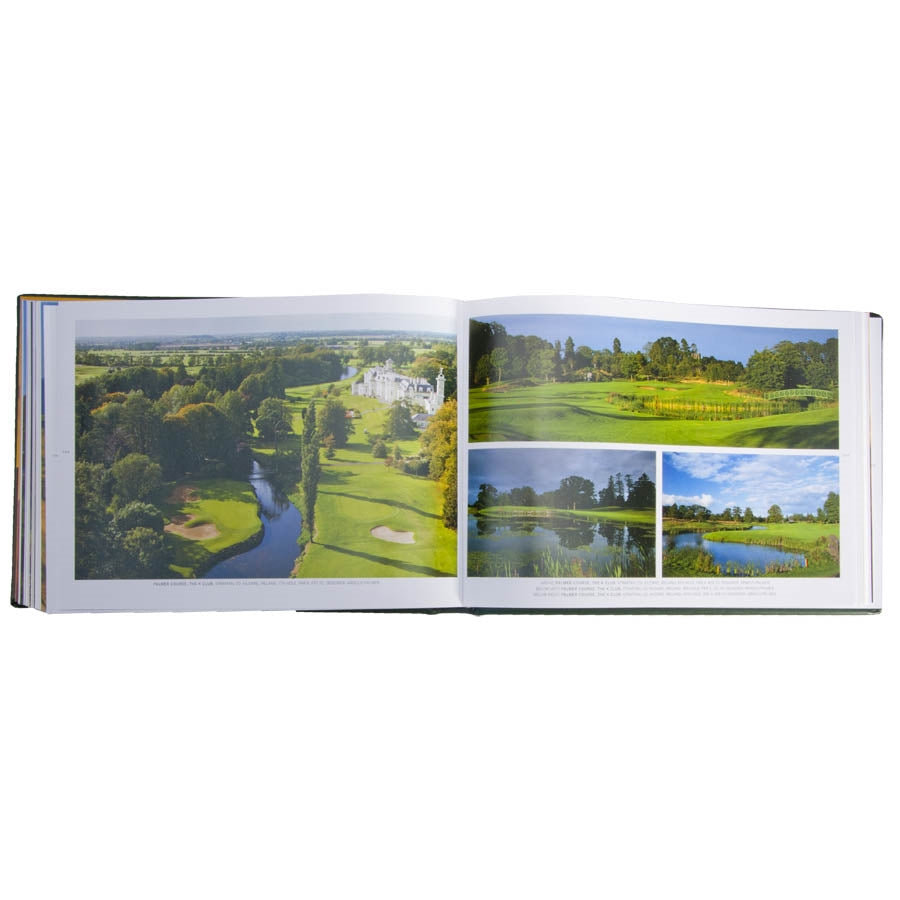 In the "Golf Courses - Fairways of the World - Leather Bound Edition," an open book showcases stunning aerial photographs of vibrant green landscapes, prominently featuring a renowned golf course encircled by trees and water. On the right page, three smaller images depict beautifully landscaped gardens and a shimmering pond. The design emphasizes picturesque, impeccably maintained grounds set against a clear, blue sky backdrop.