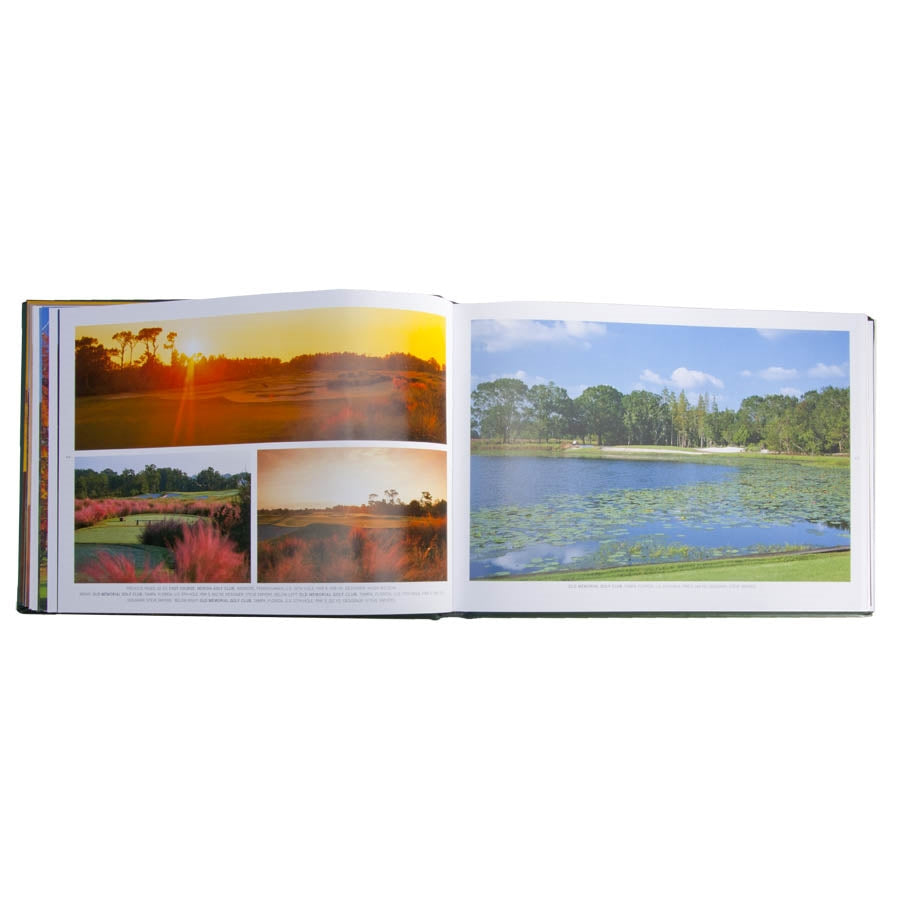 A spread from "Golf Courses - Fairways of the World - Leather Bound Edition" showcases stunning golf course photography. The left page highlights images by David Cannon, featuring three small photos of a golf course at sunset and a larger one with lush pink foliage. On the right page, there's a full-page photo depicting a renowned lakeside golf course surrounded by trees under a clear blue sky.