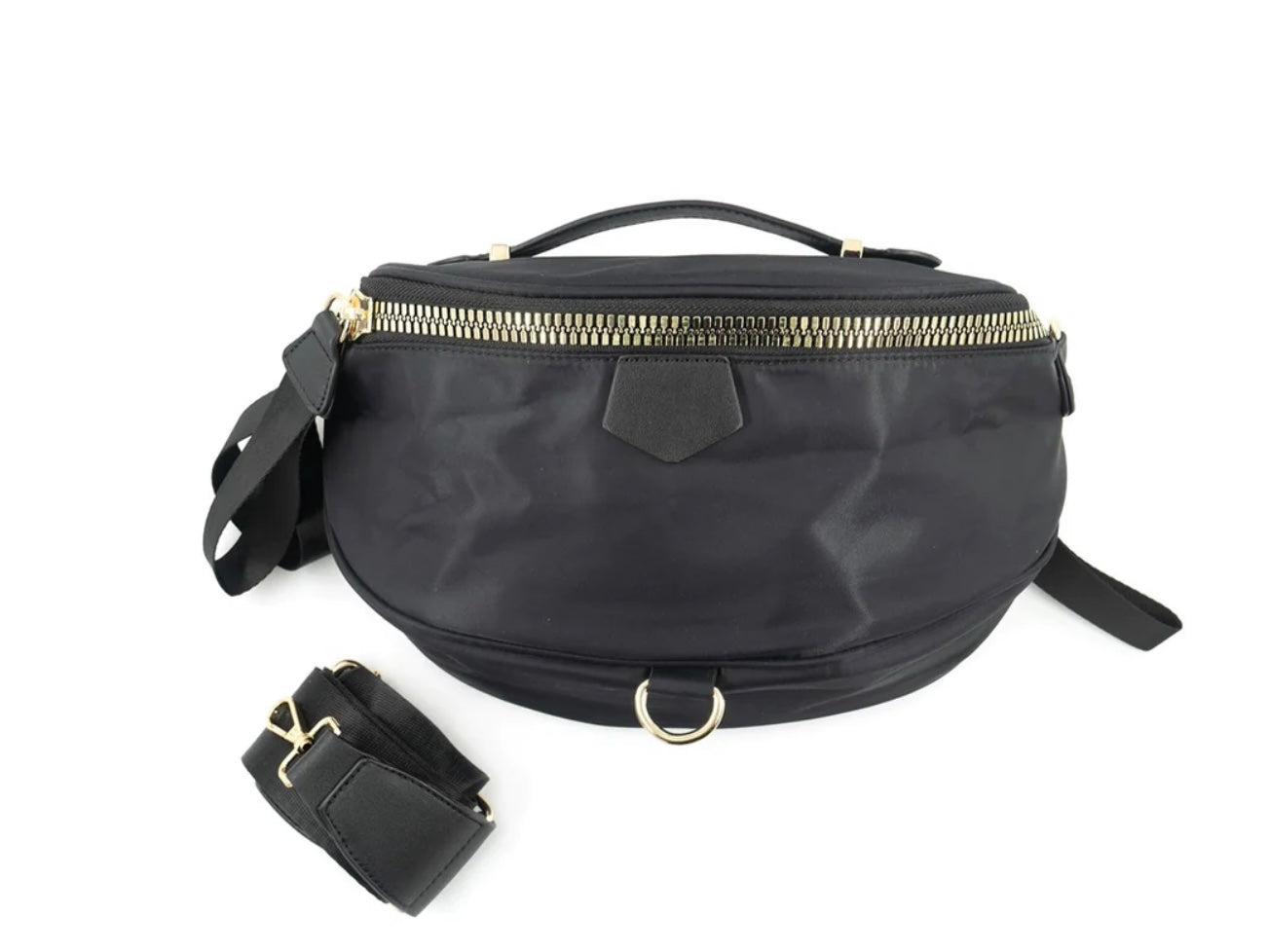Here is a version of the sentence rewritten using the given product data:
An olive green nylon bum bag/fanny pack designed with a top handle and detachable strap. It features a gold zipper closure and a D-ring detail on the front. The adjustable strap includes a matching gold buckle, all set against a plain white background.