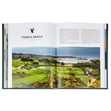 An open copy of "Golf: The Ultimate Book" reveals a panoramic photograph showcasing the lush golf course at Pebble Beach, a premier holiday spot known for its ocean views. The words "Pebble Beach" adorn the left page, while text set above the vivid green fairways and dotted trees beneath a blue sky invites golf enthusiasts to explore this iconic location.