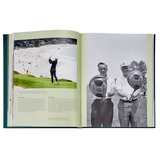 In *Golf: The Ultimate Book*, the left page features a full-color photo of a golfer captured mid-swing on a picturesque coastal course, perfect for golf aficionados, with beachgoers visible in the backdrop. The right page presents a black and white image of two men proudly holding large, ornate trophies and grinning at the camera.