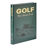 A hardcover book called "Golf: The Ultimate Book" with a green cover, ideal for golf enthusiasts. The gold lettering is striking, and beneath the title is an embossed image of a golf course that includes a bridge and building. The spine displays the title and author in matching gold print.