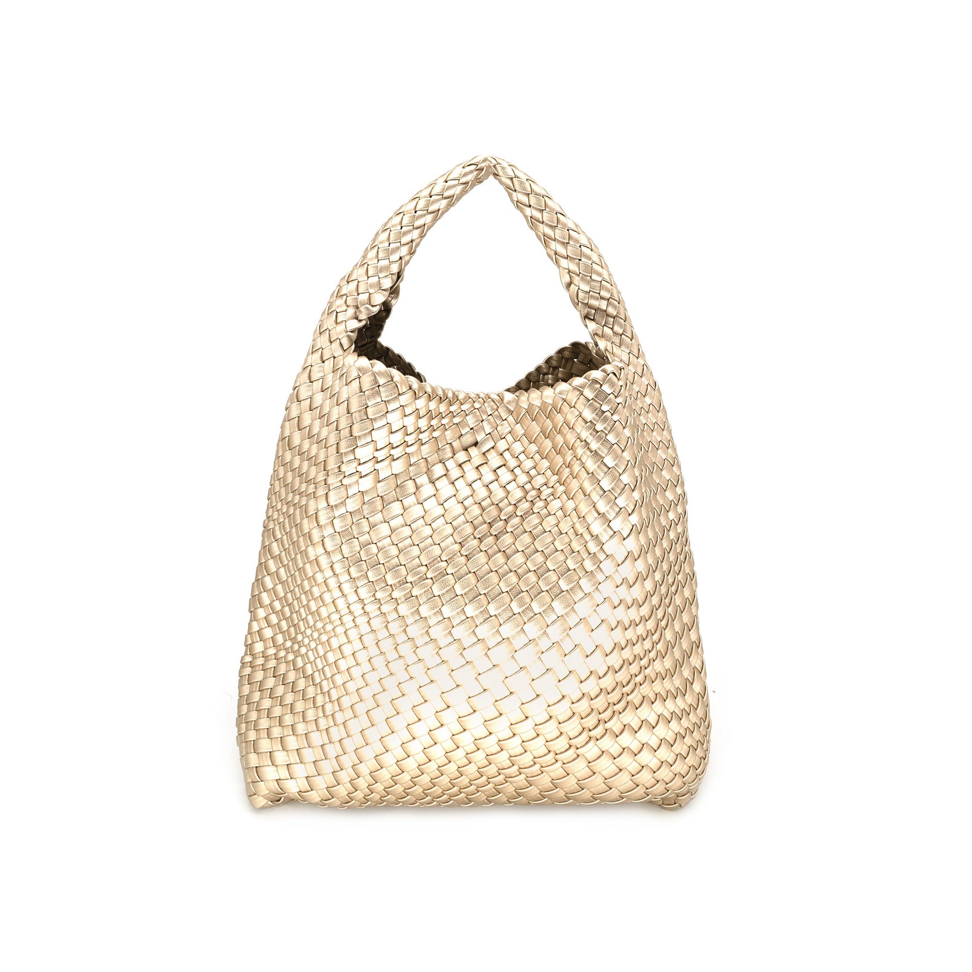 The Woven Bag (Bag in a bag) in luxurious gold showcases a textured, crisscross pattern set against a white background. Its soft, slouchy design and single handle imbue the bag with modern elegance. Designed with carefully considered dimensions, this stylish accessory is perfect for versatile styling.