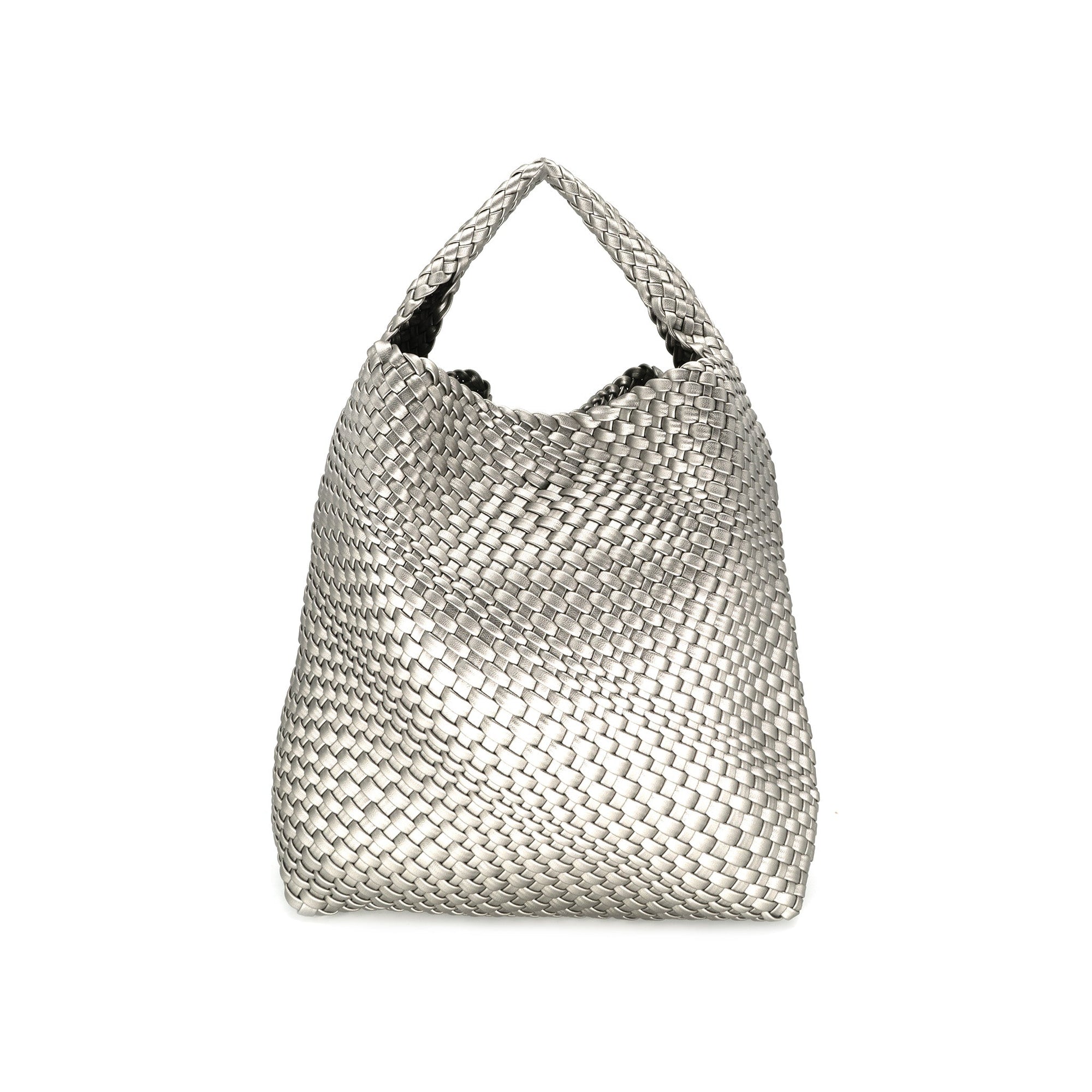 Introducing the Woven Bag (Bag in a bag), a silver PU handbag with a textured, basket-like pattern. It showcases a single strap handle and boasts a spacious, slouchy design that enhances its casual elegance. The metallic sheen combined with its intricate weave contributes to its sophisticated and stylish appearance.