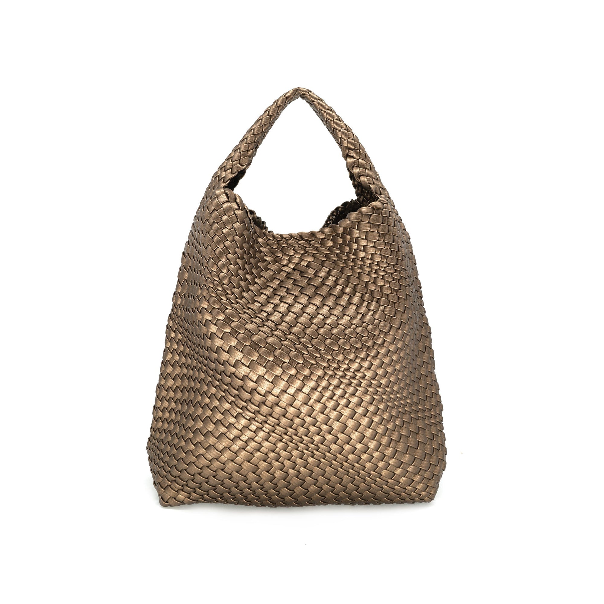 The Woven Bag (Bag in a bag), crafted from bronze PU with a single handle, showcases an intricate basket-like pattern that delivers a textured look. Its structured yet subtly slouchy design catches the light beautifully, accentuating its metallic sheen against a simplistic white backdrop.