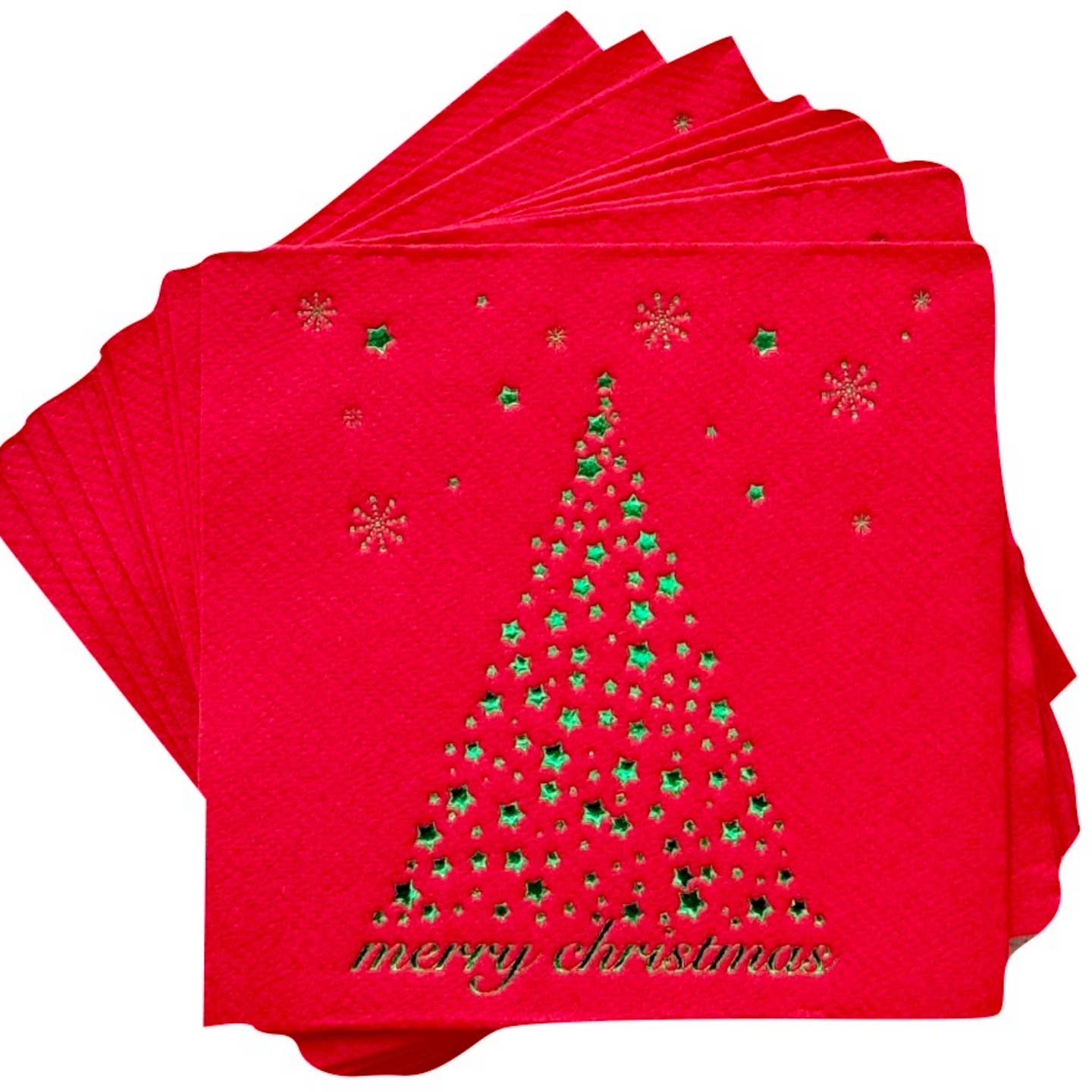 A stack of Cloth-Like Cocktail Napkins - Holiday Themed features a green Christmas tree made from star shapes and surrounded by delicate silver snowflakes on a red background. Below the tree, an embossed message in elegant silver script reads "merry christmas." These disposable napkins add a festive touch to any celebration.