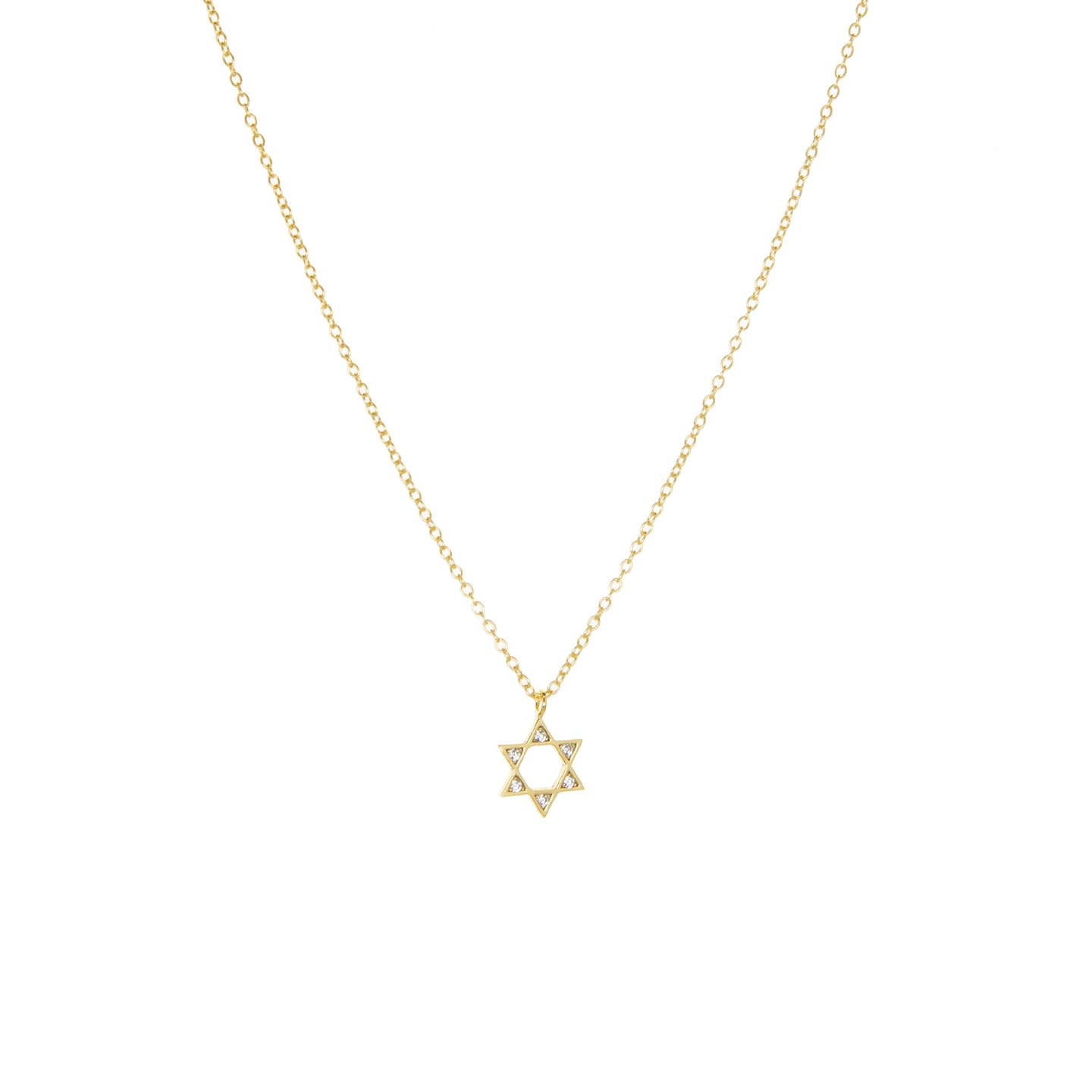 The Star of David Necklace features a delicate gold-plated chain with a small Star of David pendant, offering a minimalist appeal. Its elegant and simple six-pointed star design stands out beautifully against a plain white background.