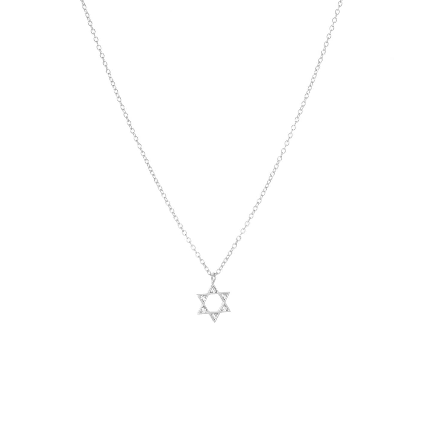 The Star of David Necklace showcases a delicate pendant adorned with small, sparkling stones set in a sterling silver frame on a thin chain, creating a shimmering effect. The simplicity and elegance of its gold-plated design make it perfect for various occasions.