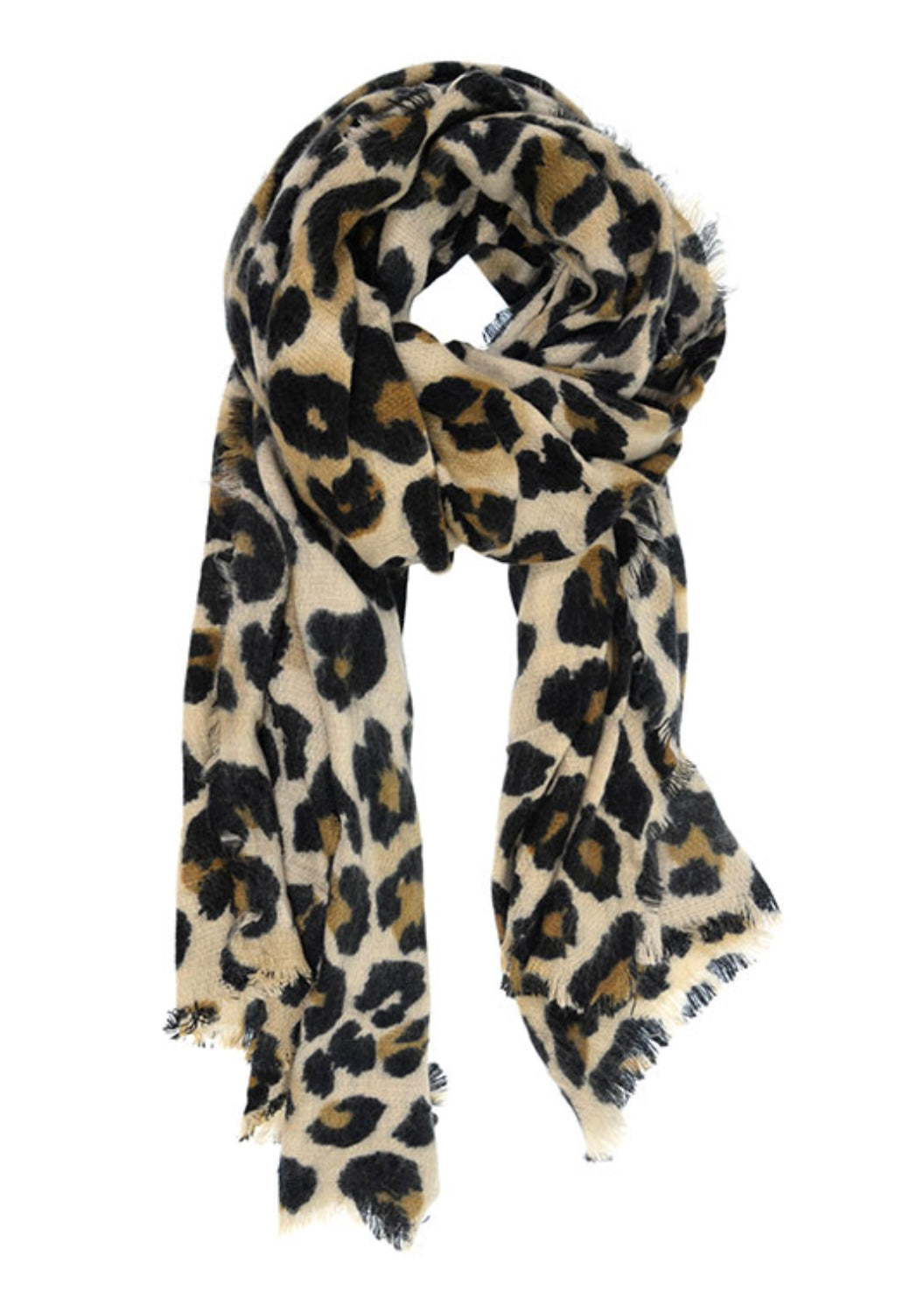 The Midweight Patterned Scarves are showcased with a cheetah print featuring black and brown spots on a creamy beige background. Made from soft, textured fabric, these scarves have frayed edges that add a casual, stylish touch. They are loosely arranged in a loop to display their length and fluidity.