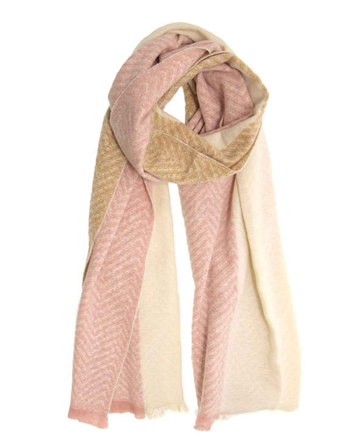 A Midweight Patterned Scarf is elegantly draped, showcasing a delicate pastel pink and beige color palette with a subtle herringbone pattern. The slightly frayed edges add texture, while a hint of floral design integrates seamlessly into its folds, highlighting the luxurious material in a loose loop.