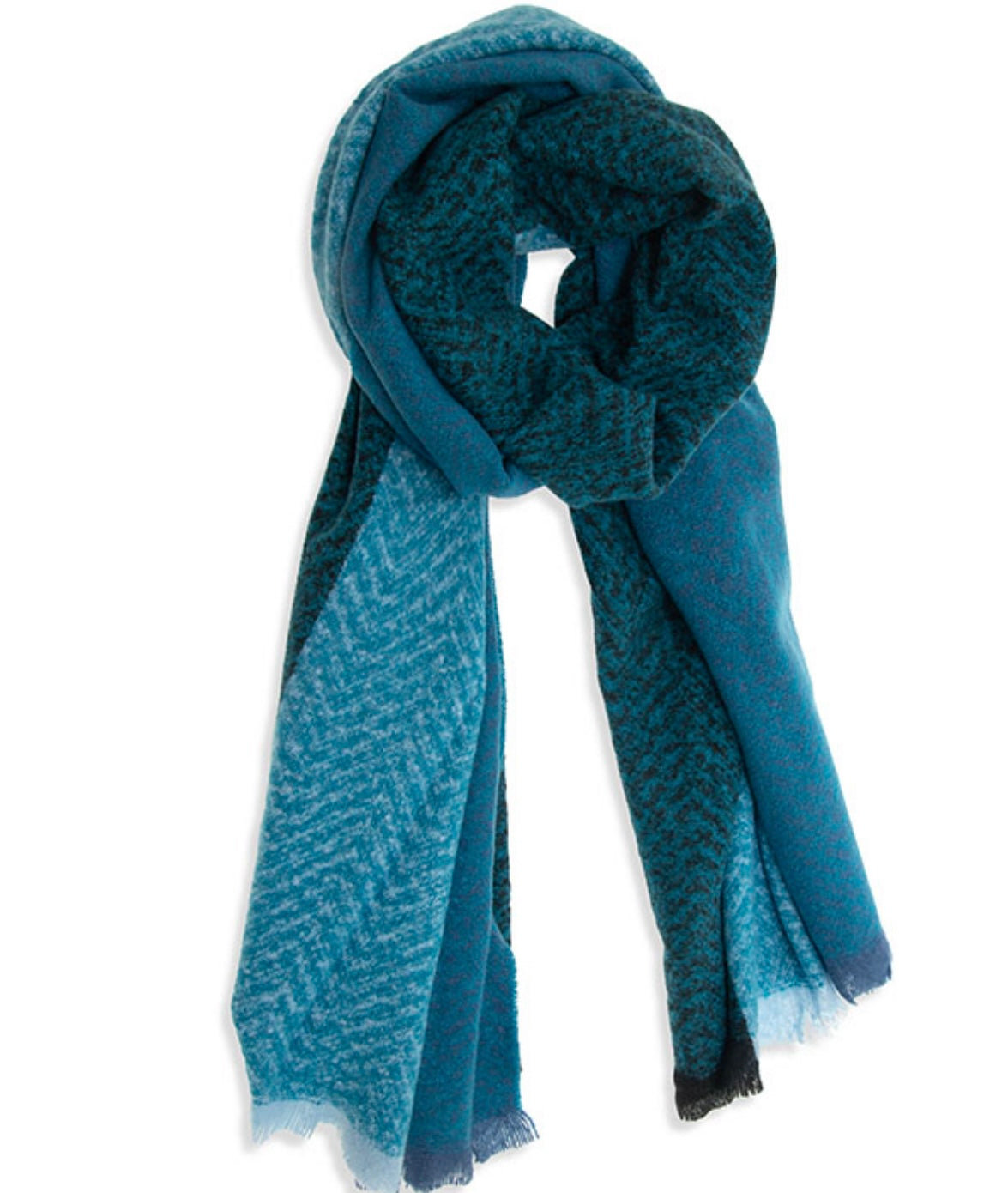 The Midweight Patterned Scarves showcase a blend of blue tones, such as teal and dark blue, featuring subtle zigzag and speckled designs. Draped in a loop with the ends elegantly hanging on either side, these scarves highlight their textured design and cheetah-inspired frayed edges.