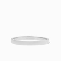 A minimalist silver "Flat Hinge Bangle," measuring 3 mm in width, features a smooth, polished surface. Its circular design and hinge closure ensure a secure fit around a 6.75-inch circumference, elegantly contrasted against a plain white background to accentuate its simple elegance.