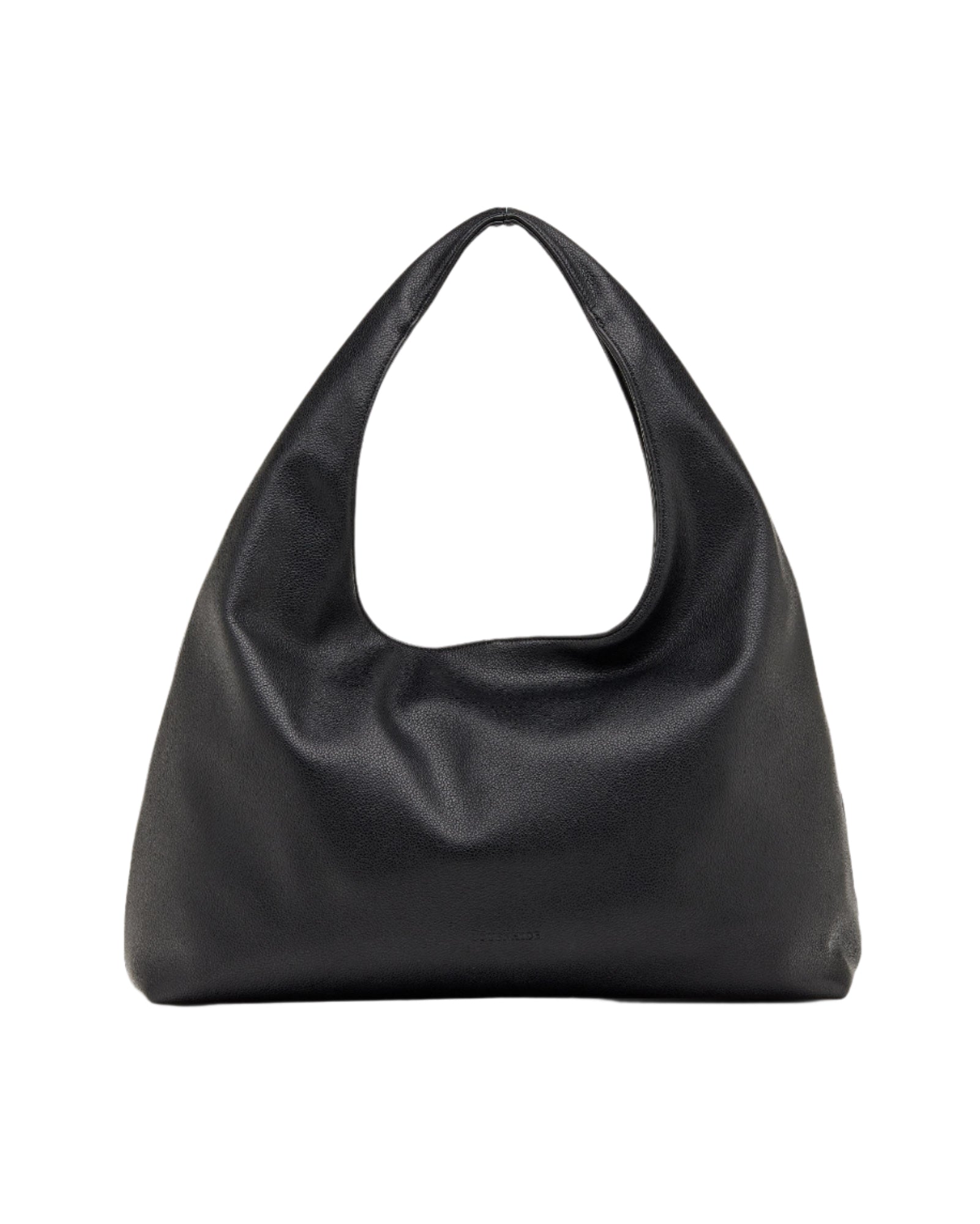 The Monaco Shoulder Bag, crafted from sleek black leather, boasts a minimalistic aesthetic with its soft, slouchy silhouette and sturdy single wide handle. Its smooth surface complemented by a subtle texture radiates modern elegance, making it the perfect choice for a stylish backdrop against plain white.