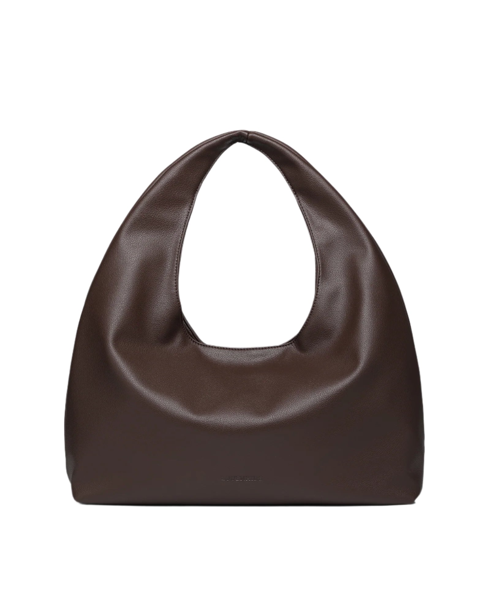The Monaco Shoulder Bag, an iconic it-girl accessory, is a sleek brown leather hobo handbag featuring a smooth texture and rounded shape. It displays minimalist design with its single wide strap creating an elegant arch and no visible embellishments against a plain light gray backdrop.
