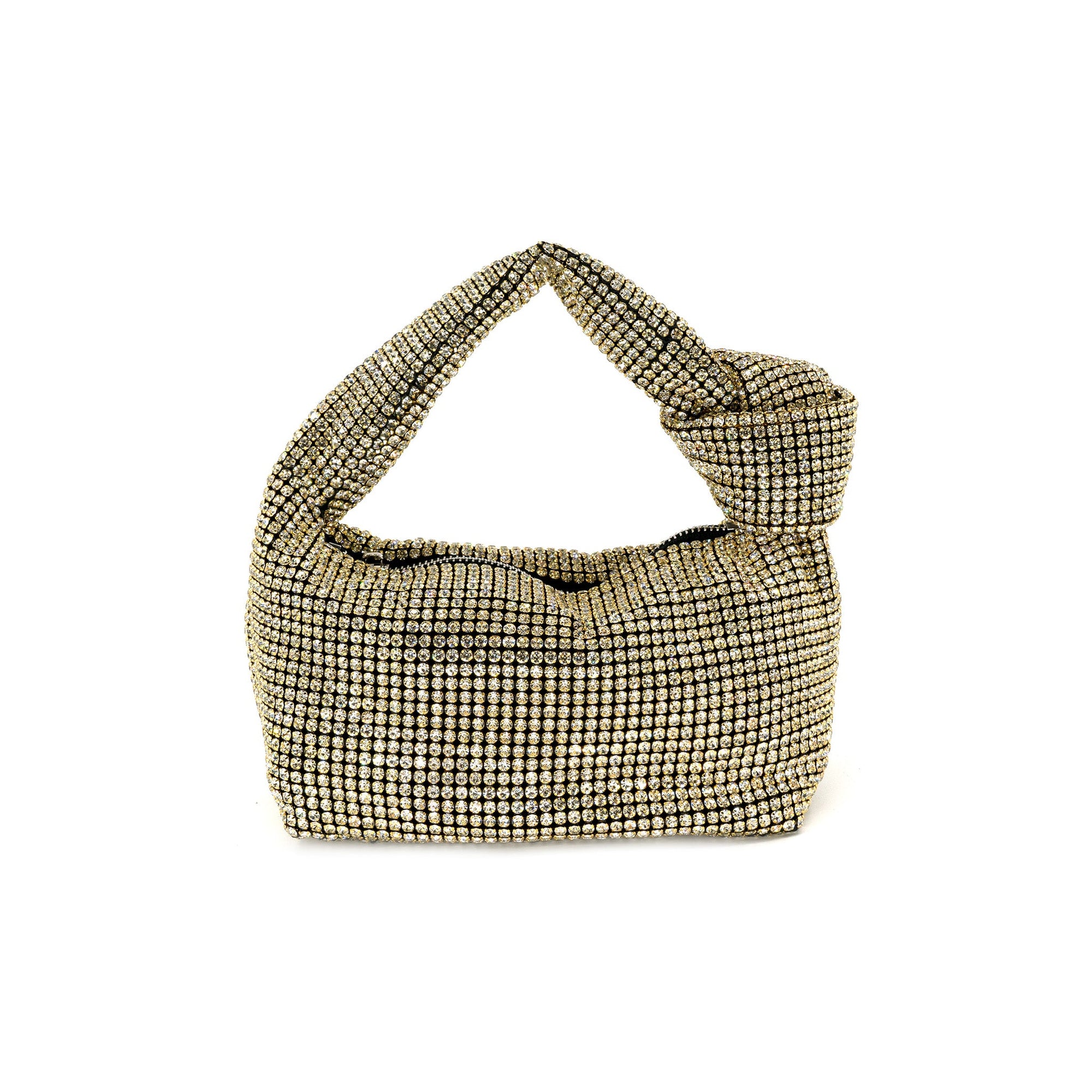 The Rhinestone Monroe Bag is a chic evening accessory with sparkling rhinestones and a knotted strap. Its compact, rounded shape and textured exterior provide a shiny allure, ideal for nights out. Against a plain white background, it’s truly eye-catching.