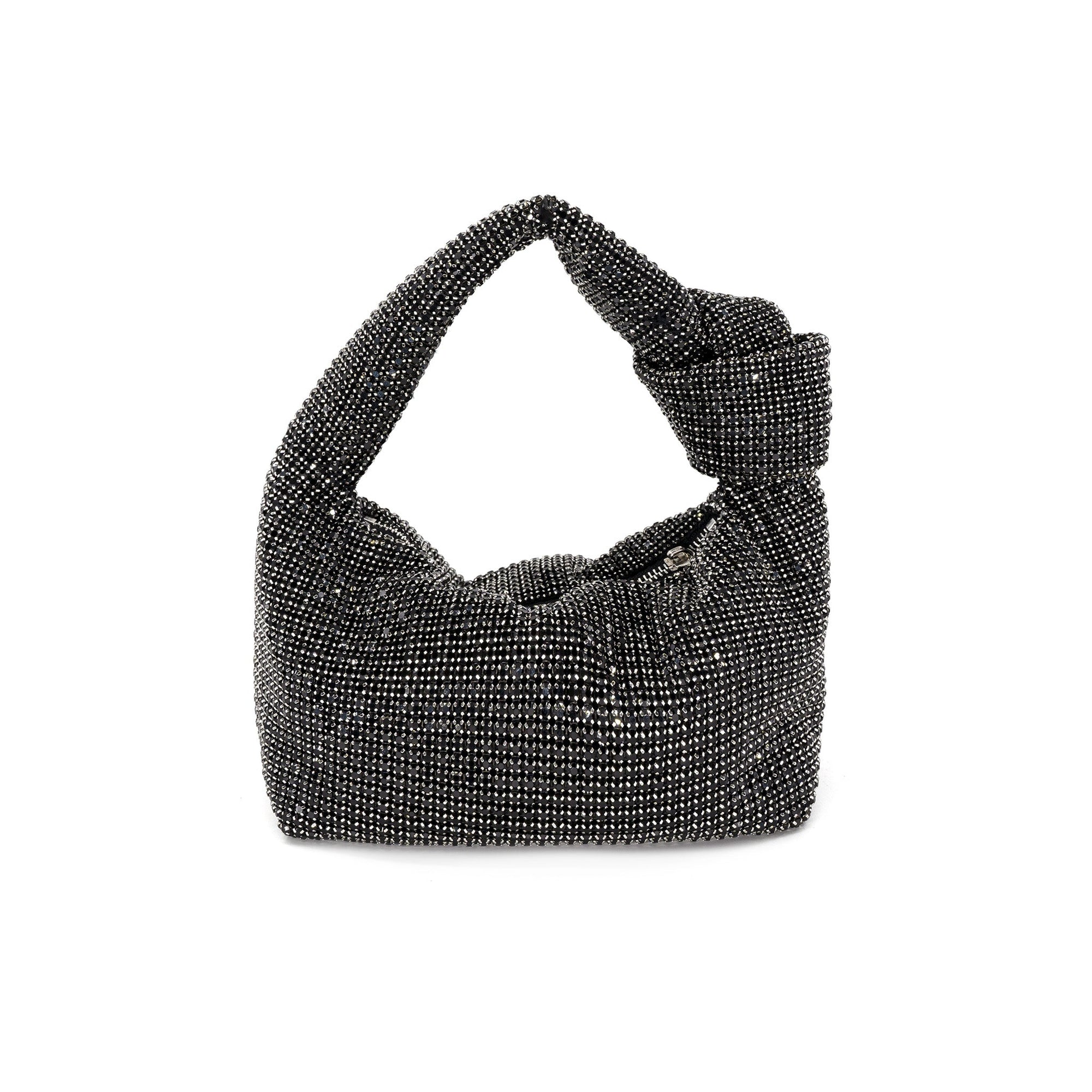 The Rhinestone Monroe Bag is a stylish black evening purse perfect for nights out, featuring a twisted knot handle and a beaded surface that sparkles beautifully against the white backdrop, creating an elegant shimmering effect.