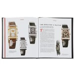 A luxury watch collection is displayed in The Book of Rolex. The left page showcases three watches, each with a rectangular face and leather strap, labeled "2000," "2003," and "2006." On the right page is an article titled "The Rector's Watch," highlighting watchmaking expertise alongside an image adjacent to a column of text.
