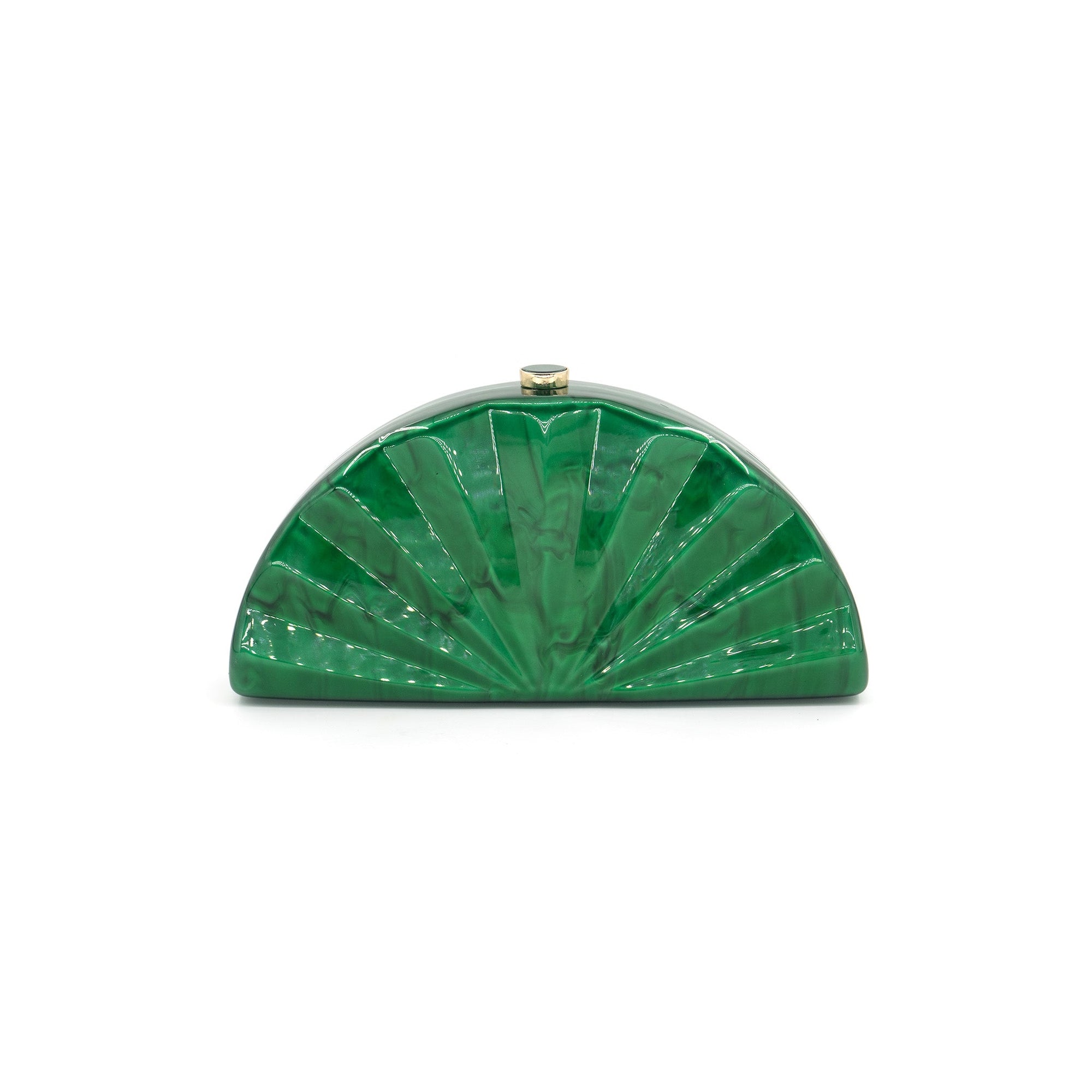 The Acrylic Clutch by BC Bags features a glossy, emerald green semicircular design crafted from an acrylic shell. It has a sunburst pattern with radiating lines and a small metallic clasp at the top center, offering a sleek and modern look that's perfect for pairing with a crossbody strap.