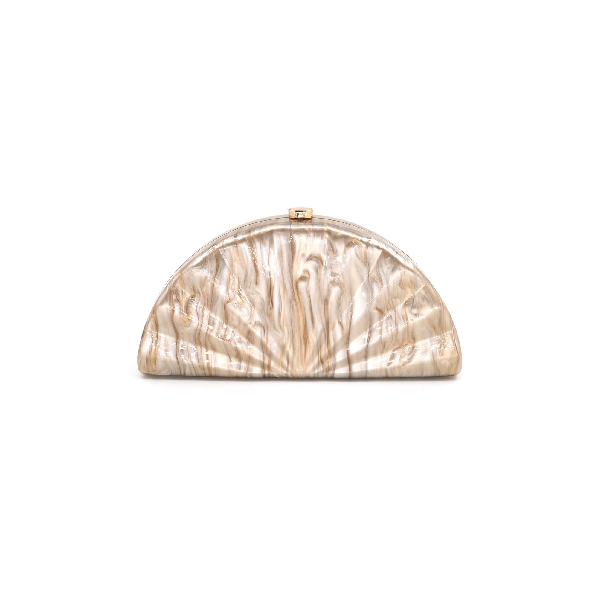 The BC Bags Acrylic Clutch showcases a semi-circular design with a glossy, marbled beige and white pattern. It features a small golden clasp on top and can be paired with optional crossbody straps for versatile use, all set elegantly against a plain white background.