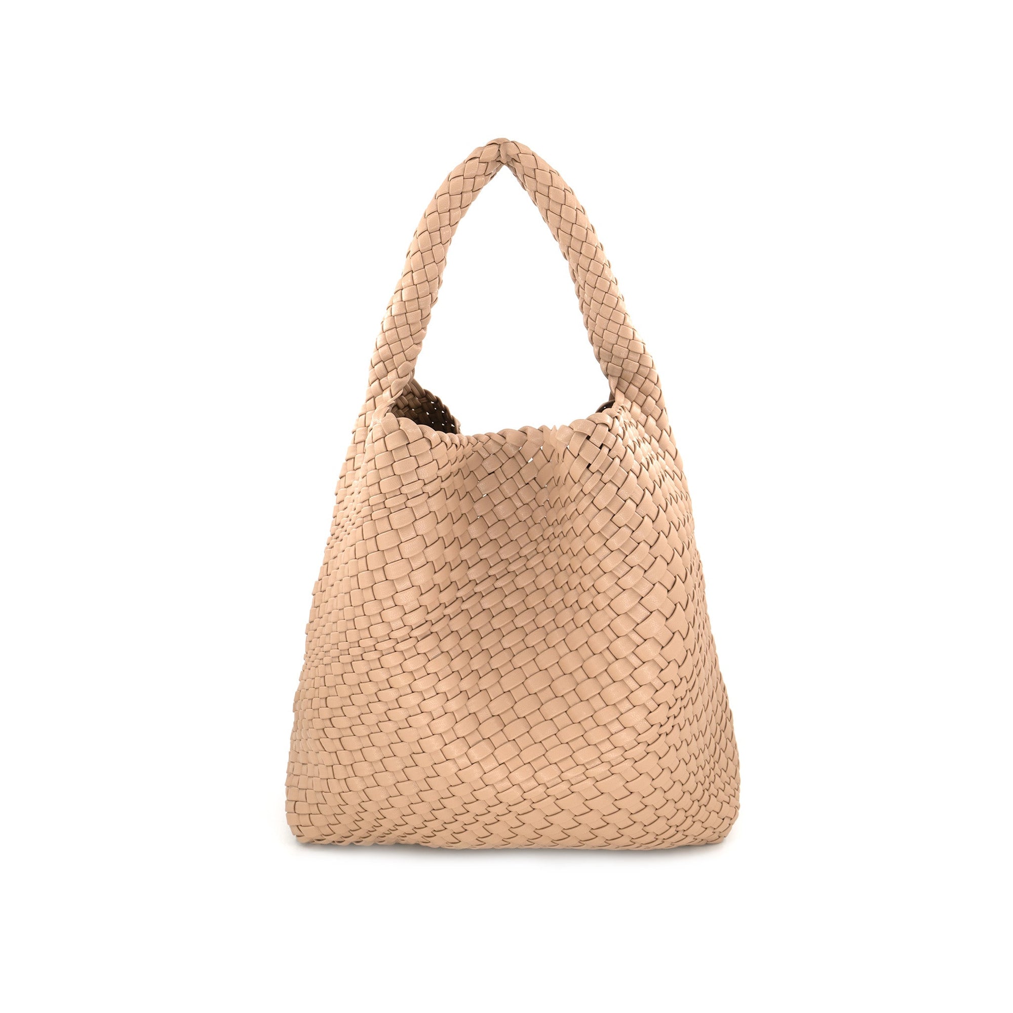 The Woven Bag (Bag in a bag) features a beige PU leather with intricate basketweave pattern, rounded braided handle, and soft, slouchy structure for ample space. Its exquisite craftsmanship is highlighted as it stands upright on a white background.