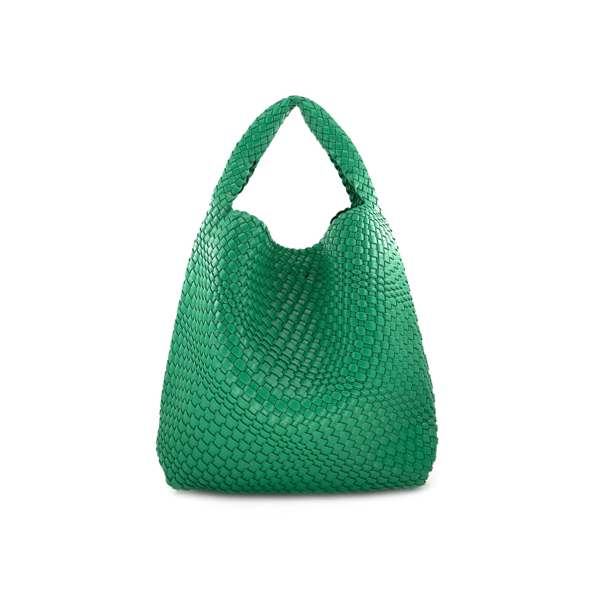The Woven Bag (Bag in a bag) is a chic green PU handbag with an intricately woven, scale-like textured design. Its wide handle seamlessly integrates into its elegant silhouette, making it sophisticated and perfect for those seeking unique handbag dimensions.