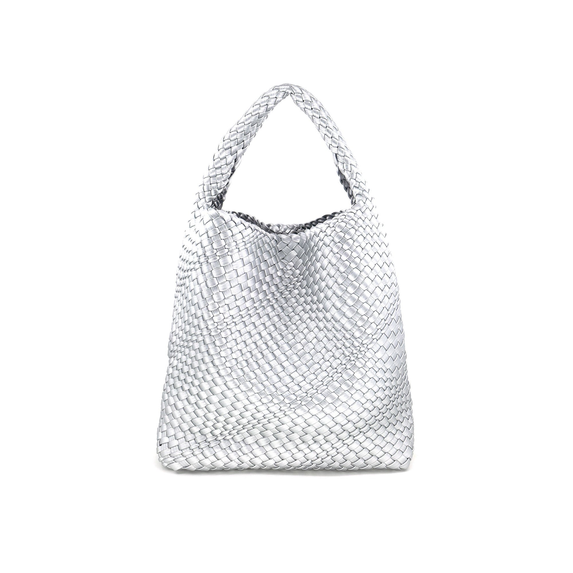 The Woven Bag (Bag in a bag) is a stylish silver PU hobo handbag with a textured, metallic appearance of interlocking strands. Featuring a single handle and slouchy silhouette, it offers ample space for essentials, making it versatile for both casual and formal occasions.