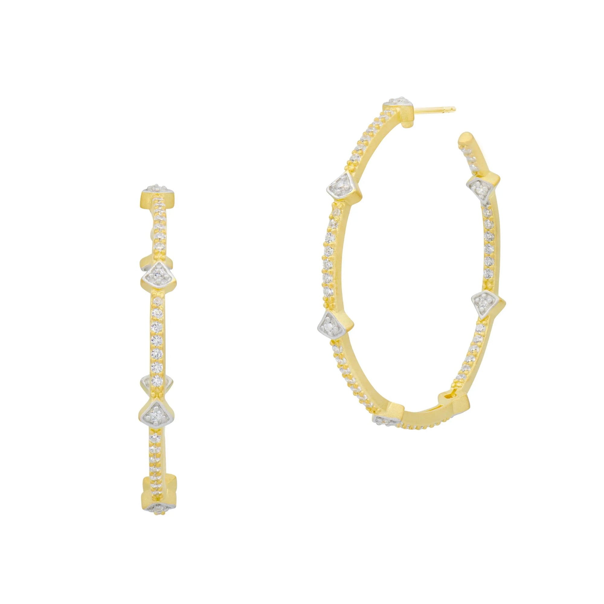 The Best Selling Pave Arrow Hoop Earrings showcase gold hoops with lined cubic zirconia and diamond-shaped segments. A side view reveals the circular shape, while a front view highlights the intricate design.