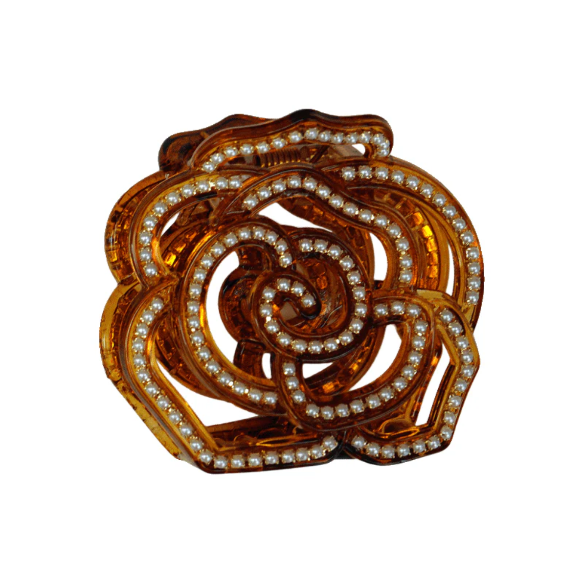 The Vera Wang Inspired Flower Jaw Clip, with a rose shape and shiny amber finish, is adorned with sparkling rhinestones along the edges. Its decorative form echoes the intricacy of Medusa's Heirlooms, beautifully showcased when closed.