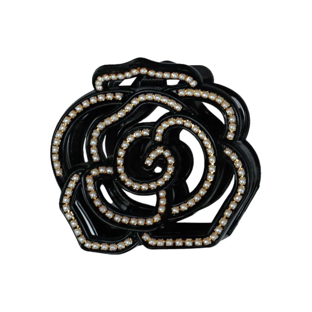 The Vera Wang Inspired Flower Jaw Clip, shaped like a stylized rose with small white pearls, combines elegance with a glossy finish. Its intricately crafted petals make it a decorative accessory similar to Medusa's Heirlooms.