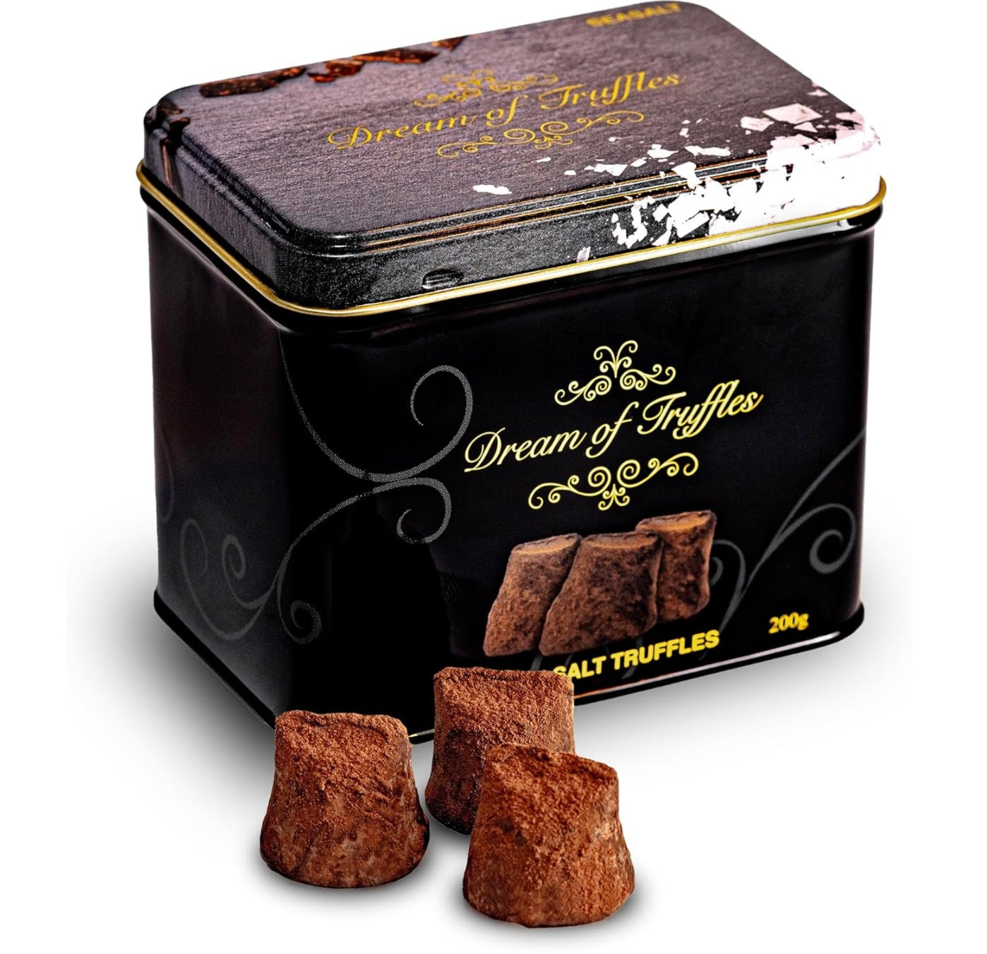 A decorative black tin labeled "Cocoa Dusted Truffles" offers a gourmet indulgence with its intricate design and contains 200g of truffles. Slightly open, it reveals dark chocolate coating. Three rustic truffles covered in cocoa powder sit in front, ideal for a luxurious gift.