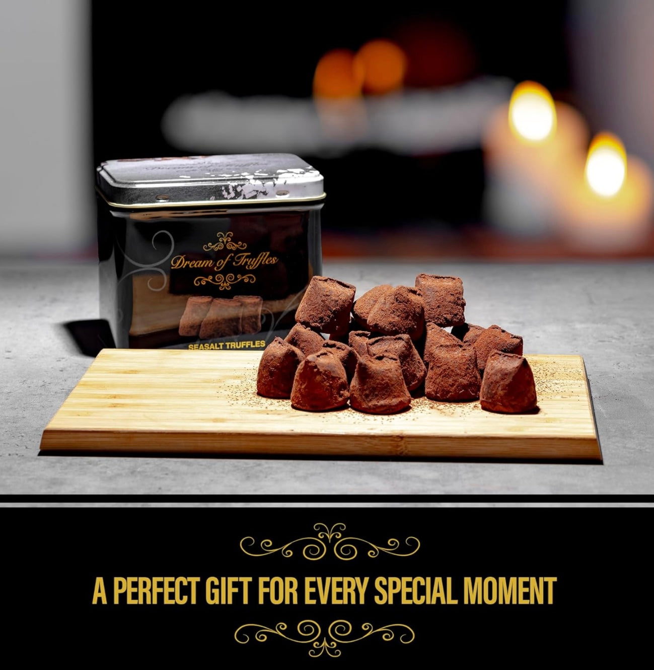 A tin of Cocoa Dusted Truffles rests on a wooden board with sea salt truffles. Soft bokeh lights in the background add warmth. The text reads: "A Luxurious Gift For Every Special Moment.