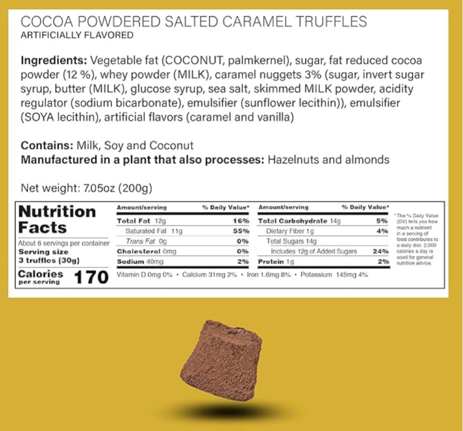The Cocoa Dusted Truffles packaging showcases ingredients like coconut, milk, soy, and caramel against a yellow backdrop with a truffle at the bottom. Indulge in this gourmet treat crafted in a nut facility, offering 170 calories per serving.
