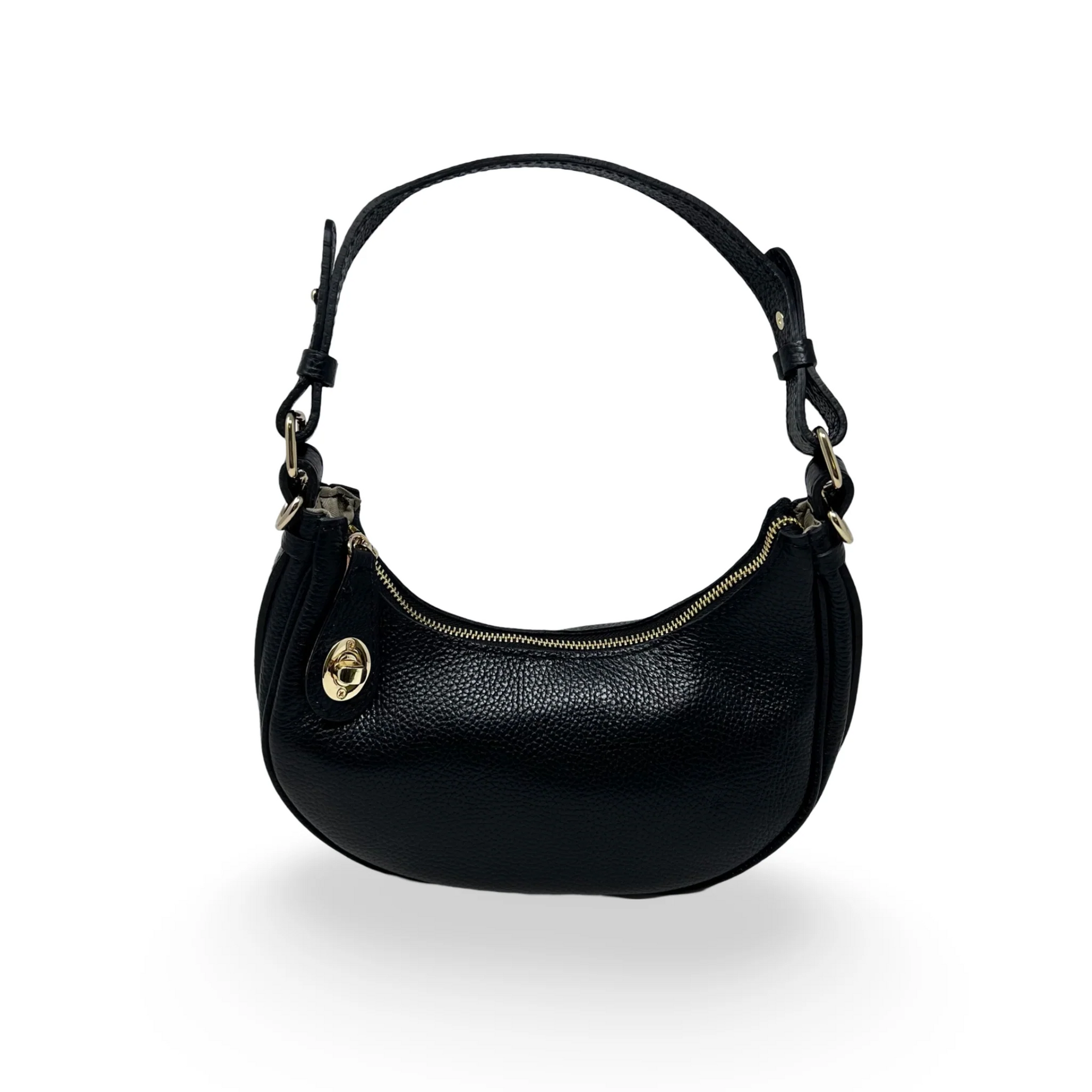 The Crescent Shaped Leather Handbag is a stylish black bag made from Italian leather, featuring a single top handle, gold-tone hardware, and a sturdy metal zipper next to its circular emblem on the front left. It's showcased against a plain white background.