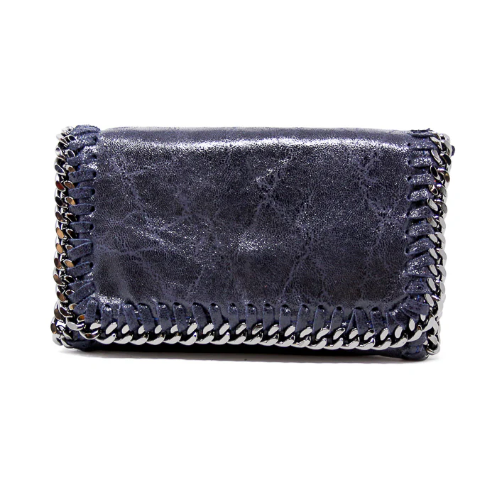 A dark blue Leather Crossbody Clutch with a shiny, textured leather surface. It features prominent silver chain and thread stitching along the edges for a bold frame. The sleek, sophisticated design has no visible handles or logos.