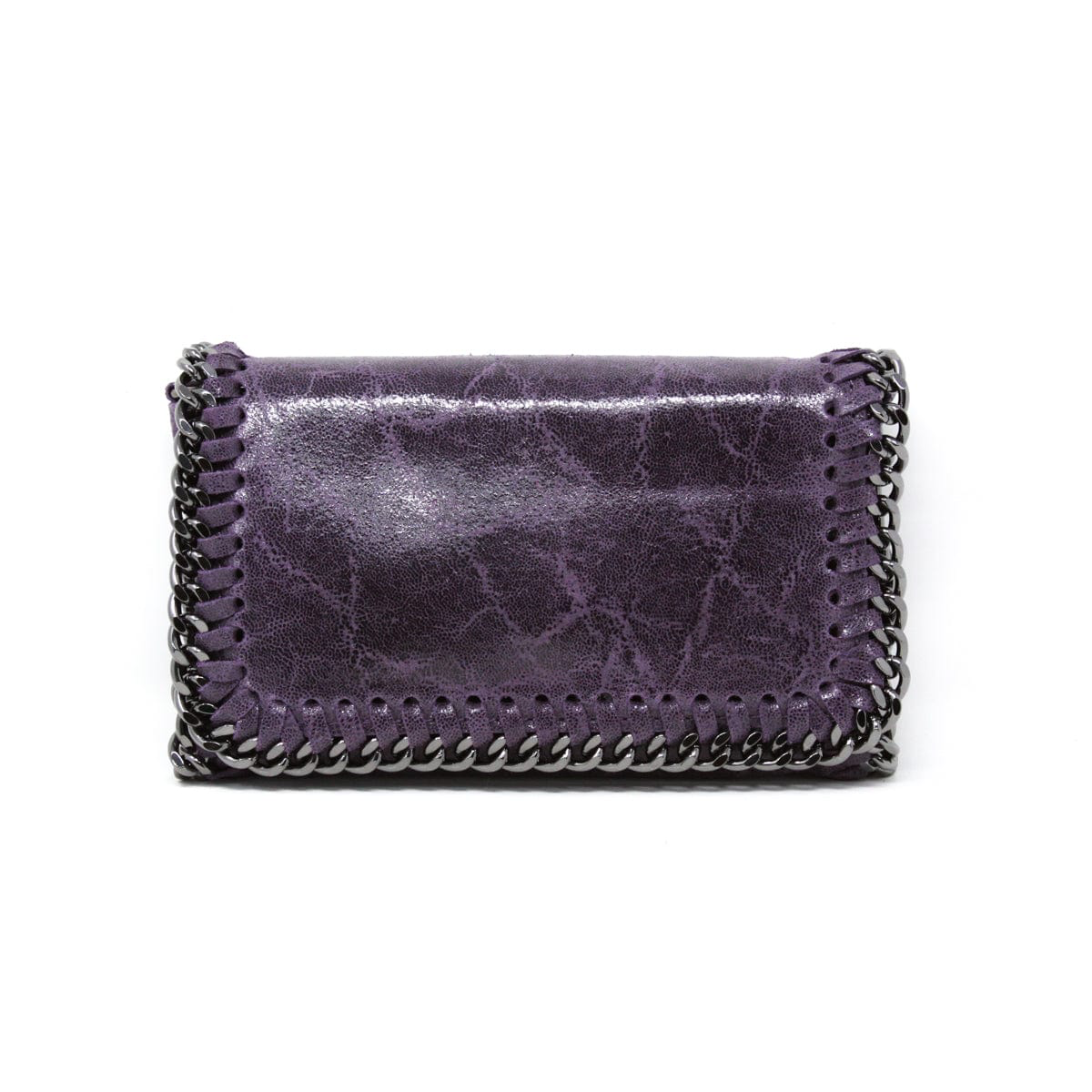 A rectangular purple Leather Crossbody Clutch features a glossy, cracked texture with silver chain-stitched edges for a rugged yet stylish appearance. It lies closed and flat against a white background.