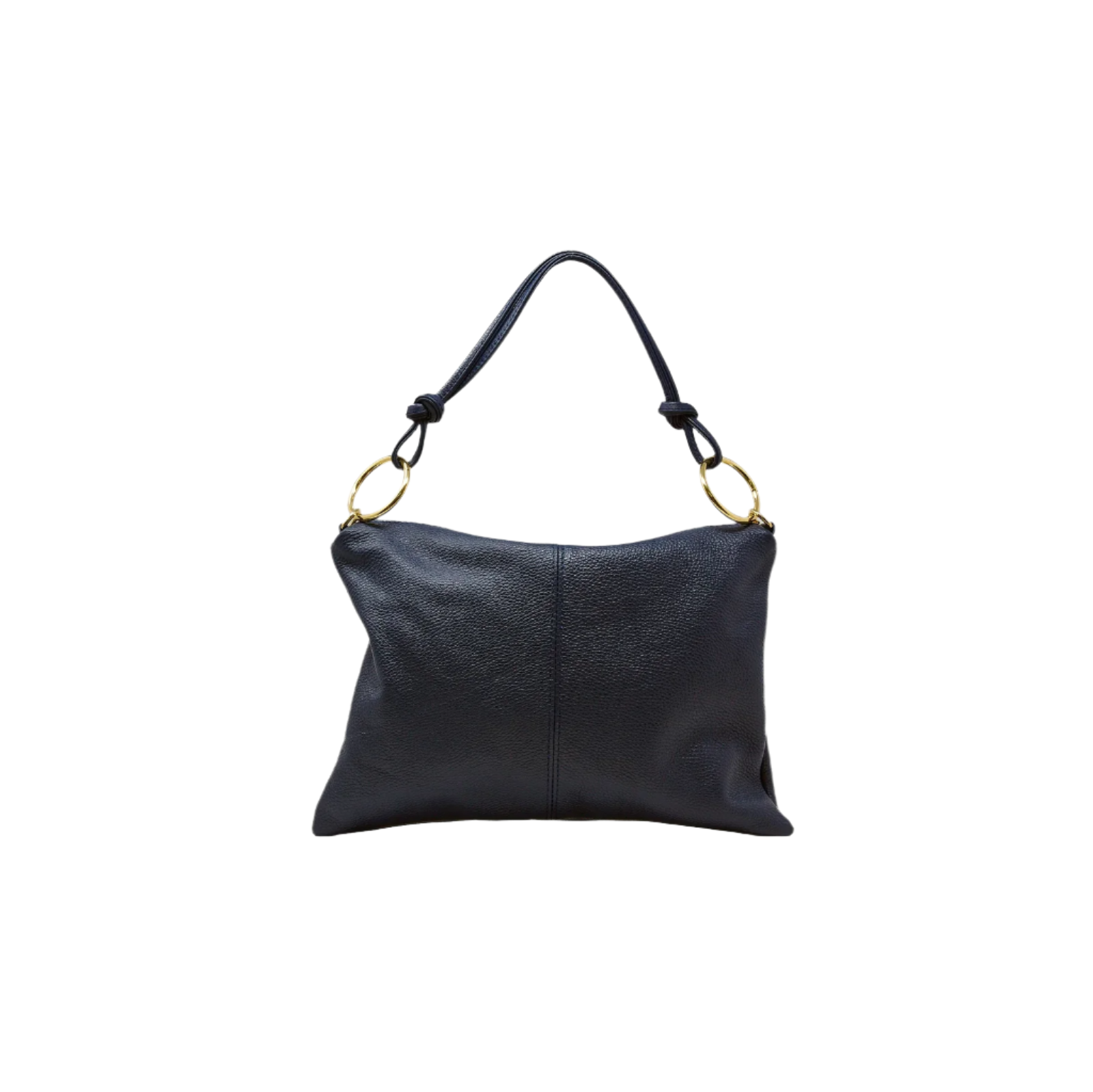 The Leather Handbag with Detachable Strap is a chic black bag made from Italian pebbled leather, featuring a slightly slouchy design. It includes a single black strap attached with gold ring hardware and a secure zipper closure, displayed on a white background.