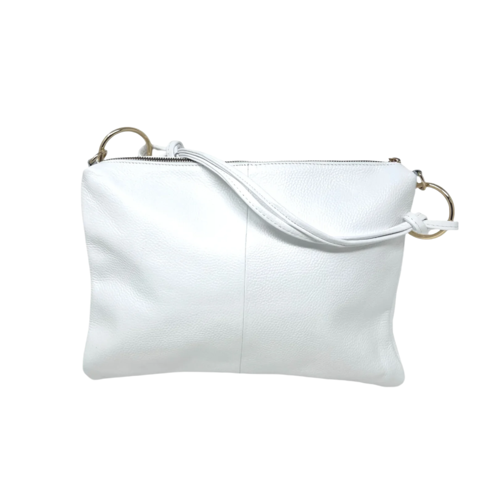 The Leather Handbag with Detachable Strap is a white Italian leather clutch boasting a subtle grain texture, silver zipper closure, and detachable strap linked by circular metal rings. Its minimalist design includes an internal pocket against a plain white backdrop.