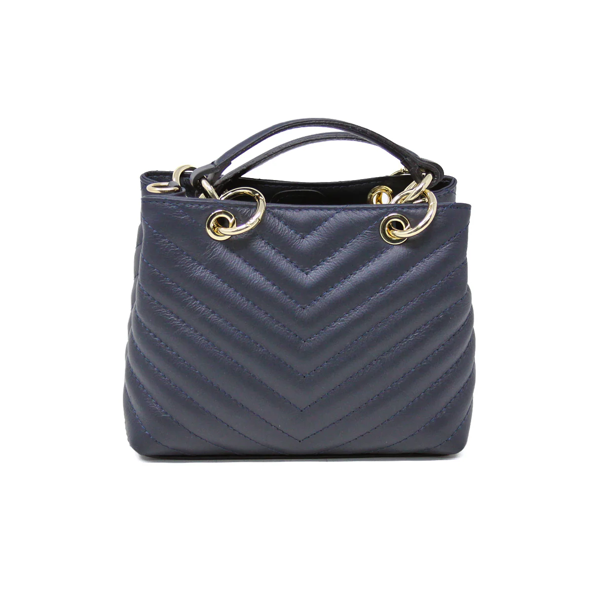 The Quilted Leather Handbag is dark blue Italian leather with a chevron pattern and gold-tone grommets at the top. It has matching short handles, a boxy shape, and offers a sleek, polished look.