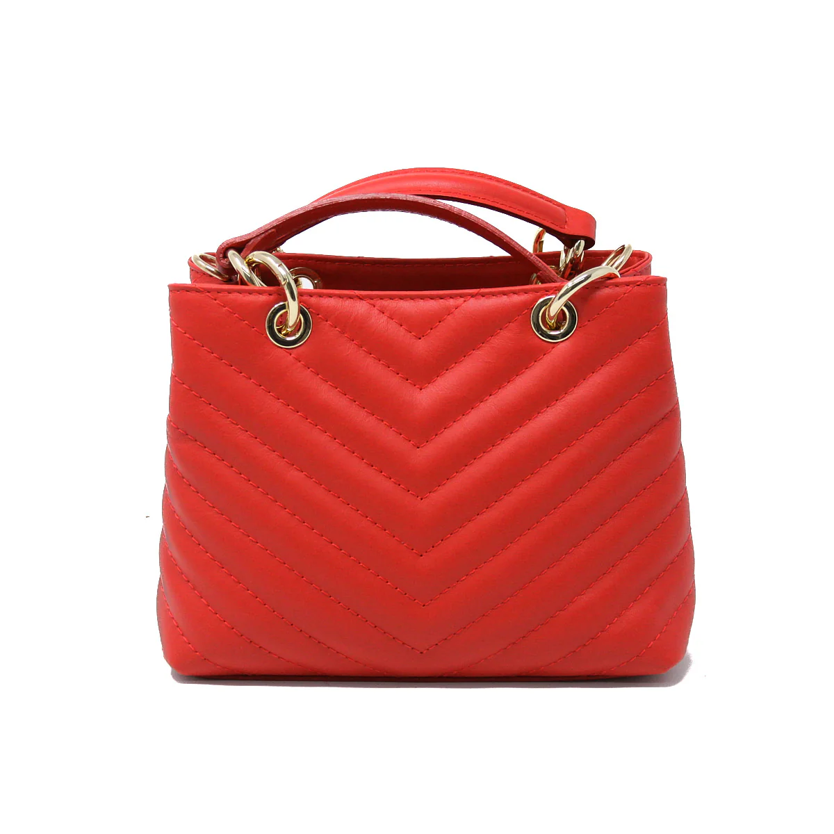 The Quilted Leather Handbag is a chic red accessory with an Italian leather chevron design. It has a short handle, gold-tone grommets for a crossbody strap, and maintains its compact rectangular shape, combining style and versatility.