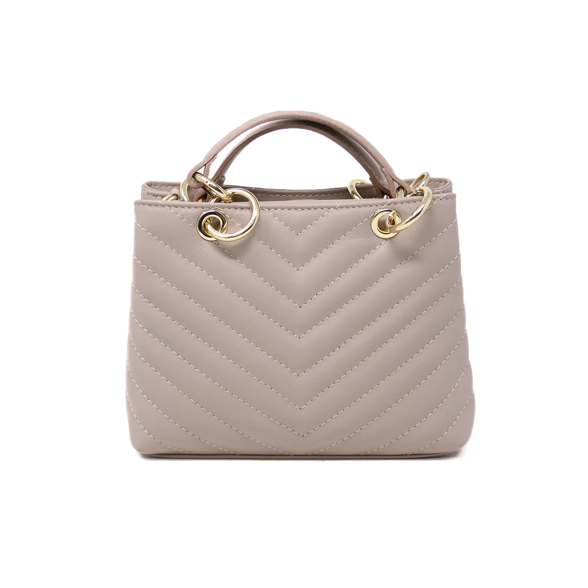 The Quilted Leather Handbag is a small, rectangular beige accessory made from quilted Italian leather with a chevron pattern. It includes two short handles attached by gold metal rings, offering a sleek and elegant design that complements any outfit.